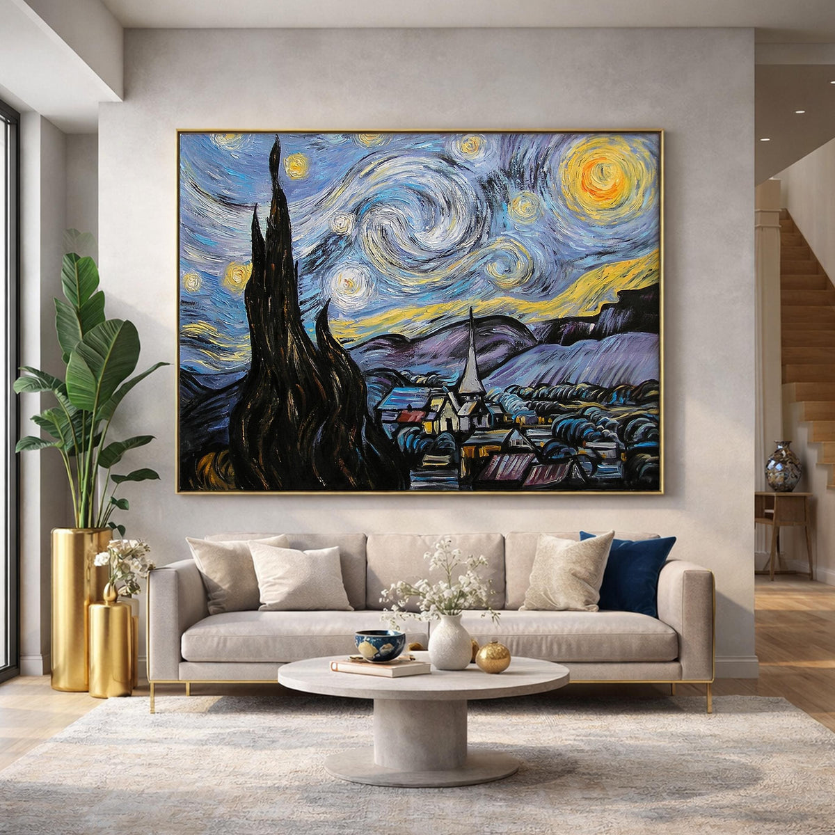 Starry Night Van Gogh inspired oil painting displayed on a living room wall