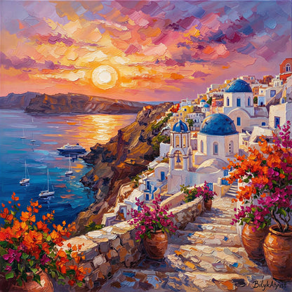 Sunset in Santorini bougainvillea oil painting original canvas