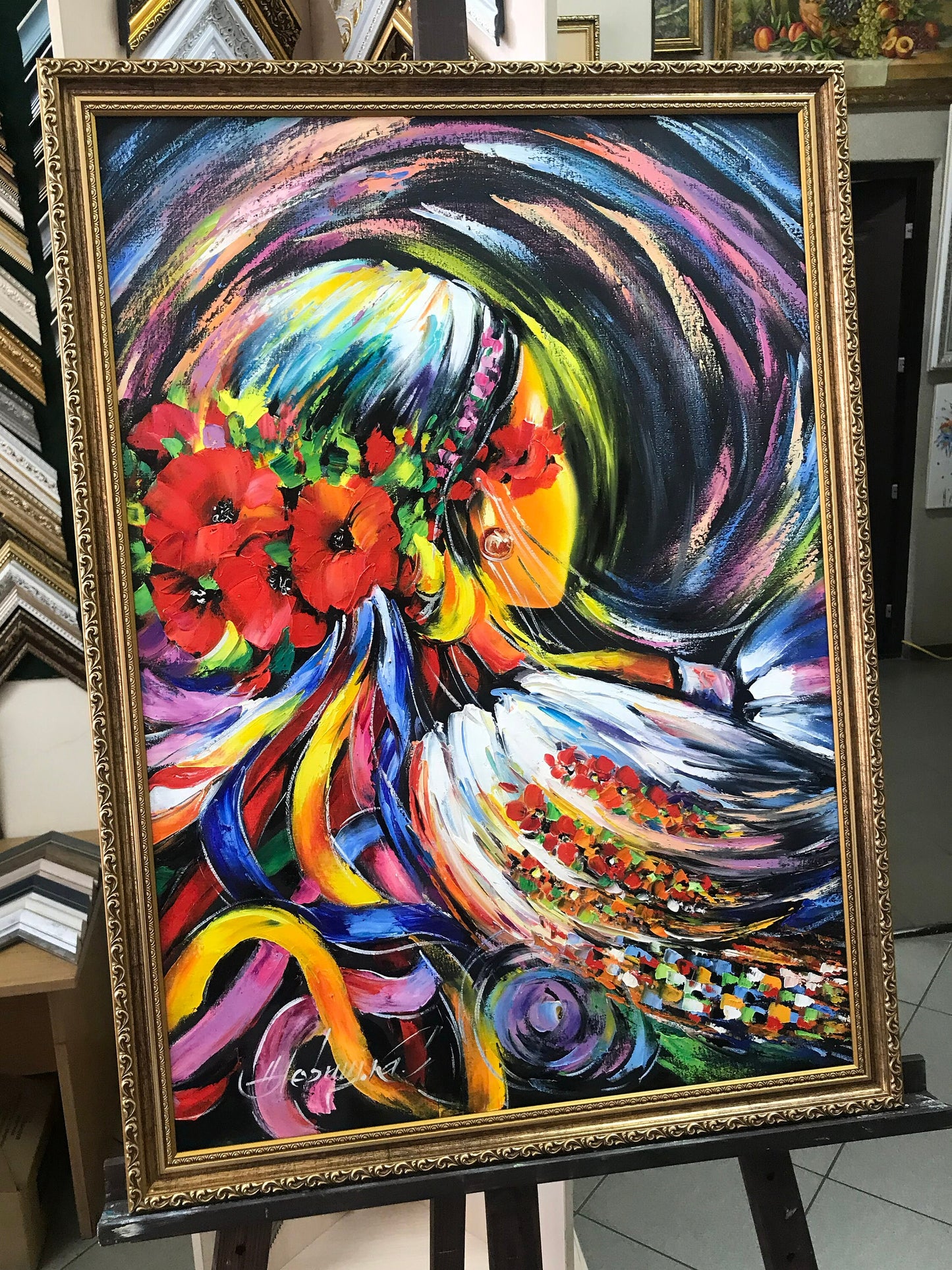 Ukrainian girl canvas painting framed in gold, ready to hang
