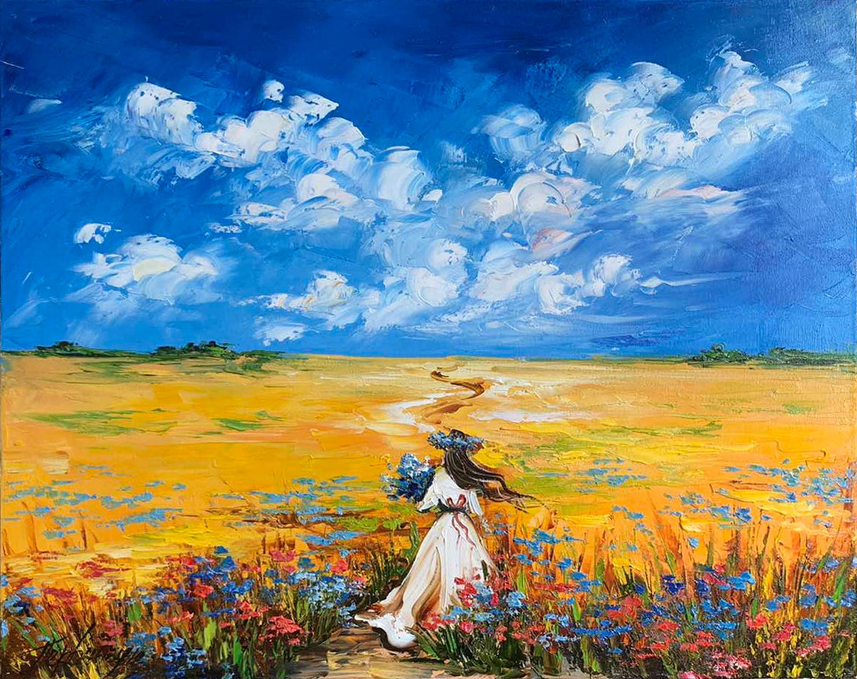Ukrainian woman flower field oil painting blue yellow folk art