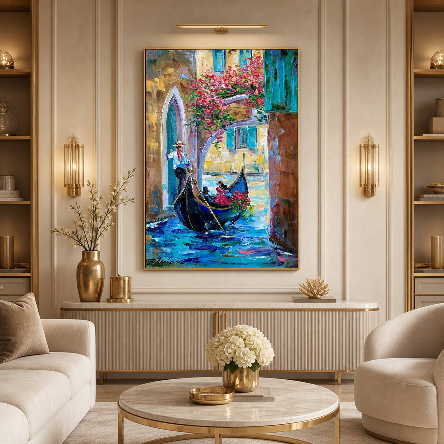 Venetian canal painting displayed in elegant living room