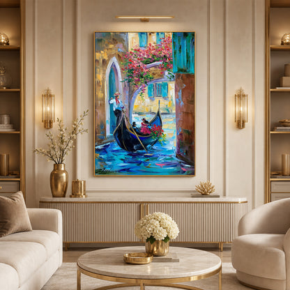 Venetian canal painting displayed in elegant living room