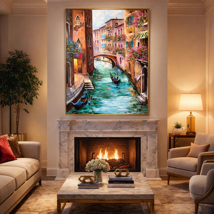 Venice gondola canvas painting framed in gold, ready to hang
