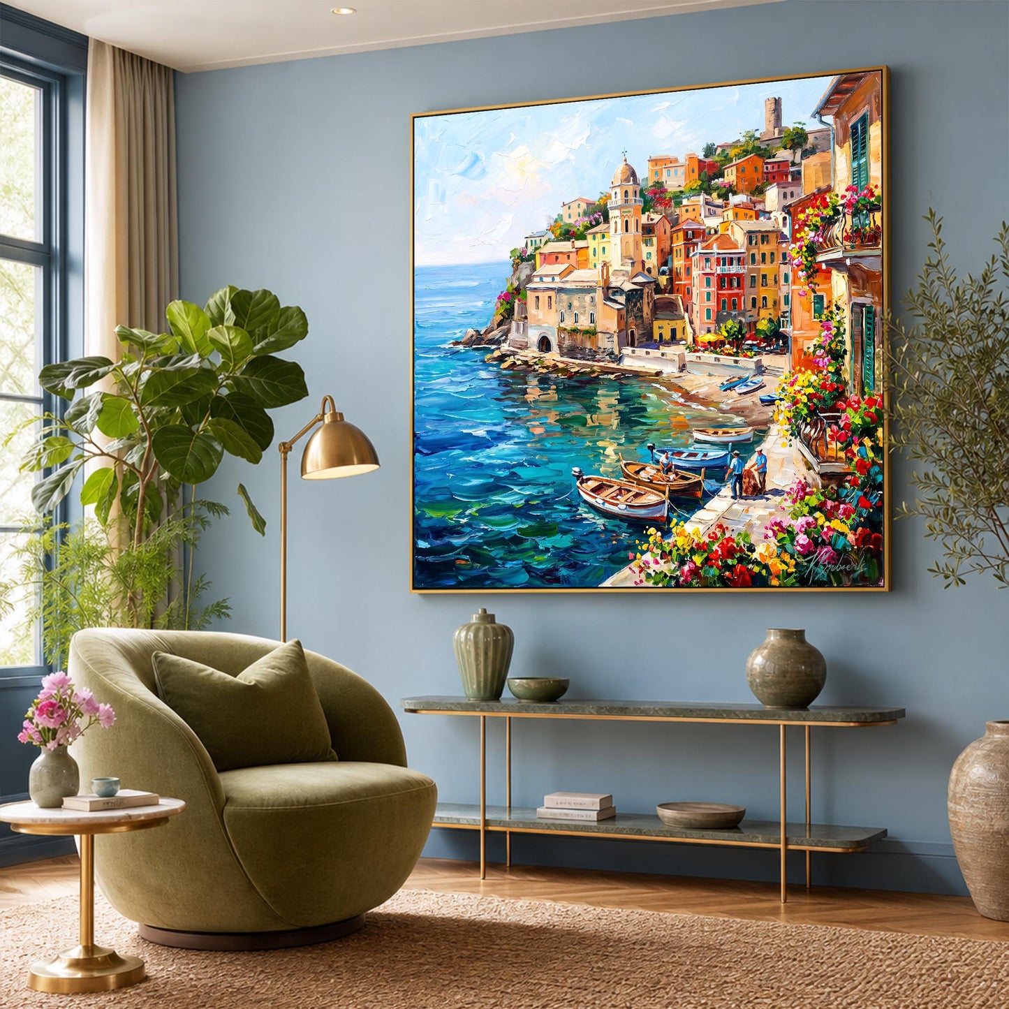 Vernazza painting displayed on living room wall