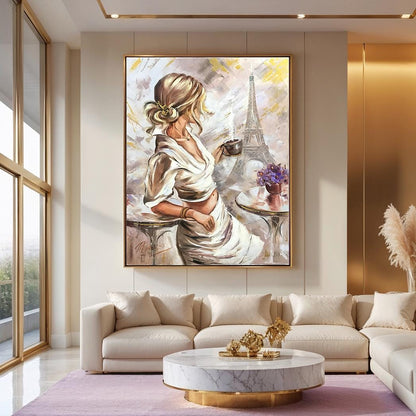 Woman Paris cafe painting displayed on living room wall