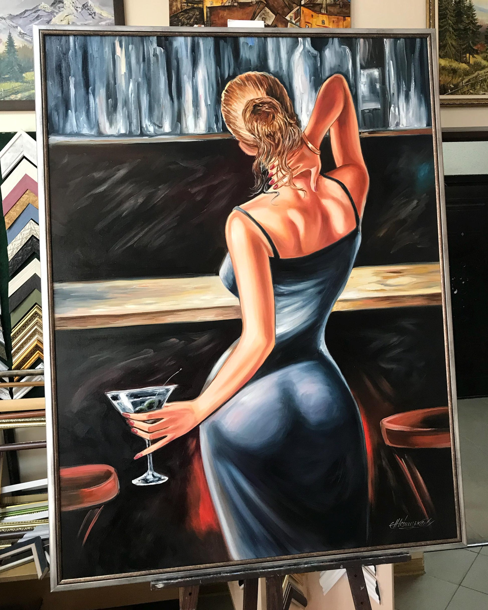 Woman at Bar Framed Oil Painting Gold Frame Cocktail Wall Art