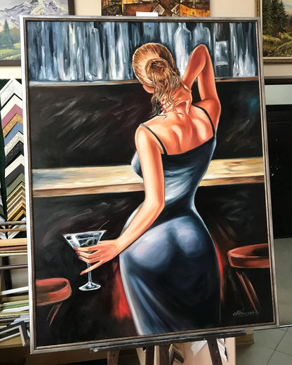 Woman at Bar Framed Oil Painting Gold Frame Cocktail Wall Art