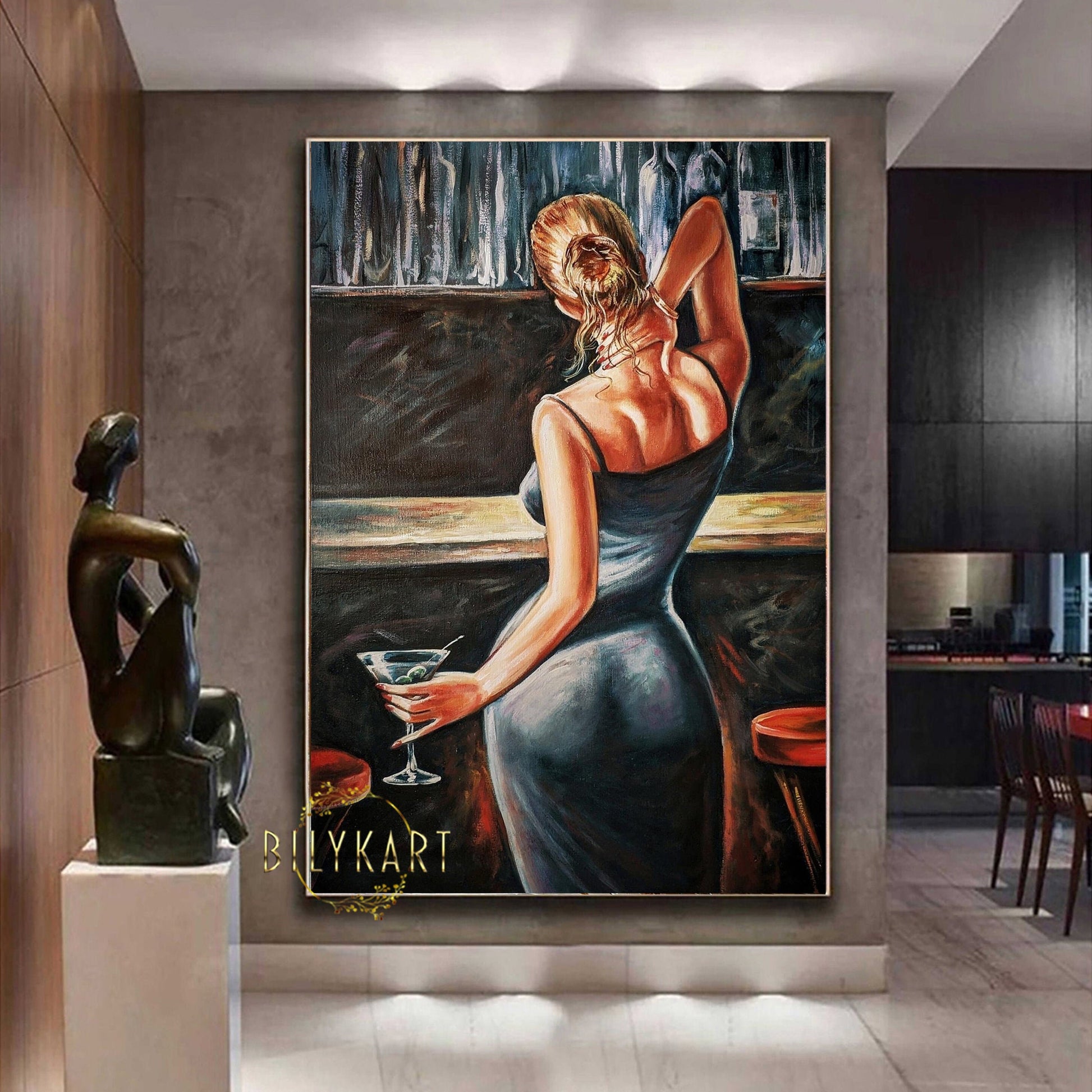 Woman at the Bar Original Oil Painting Lady in Blue Dress Cocktail Wall Art