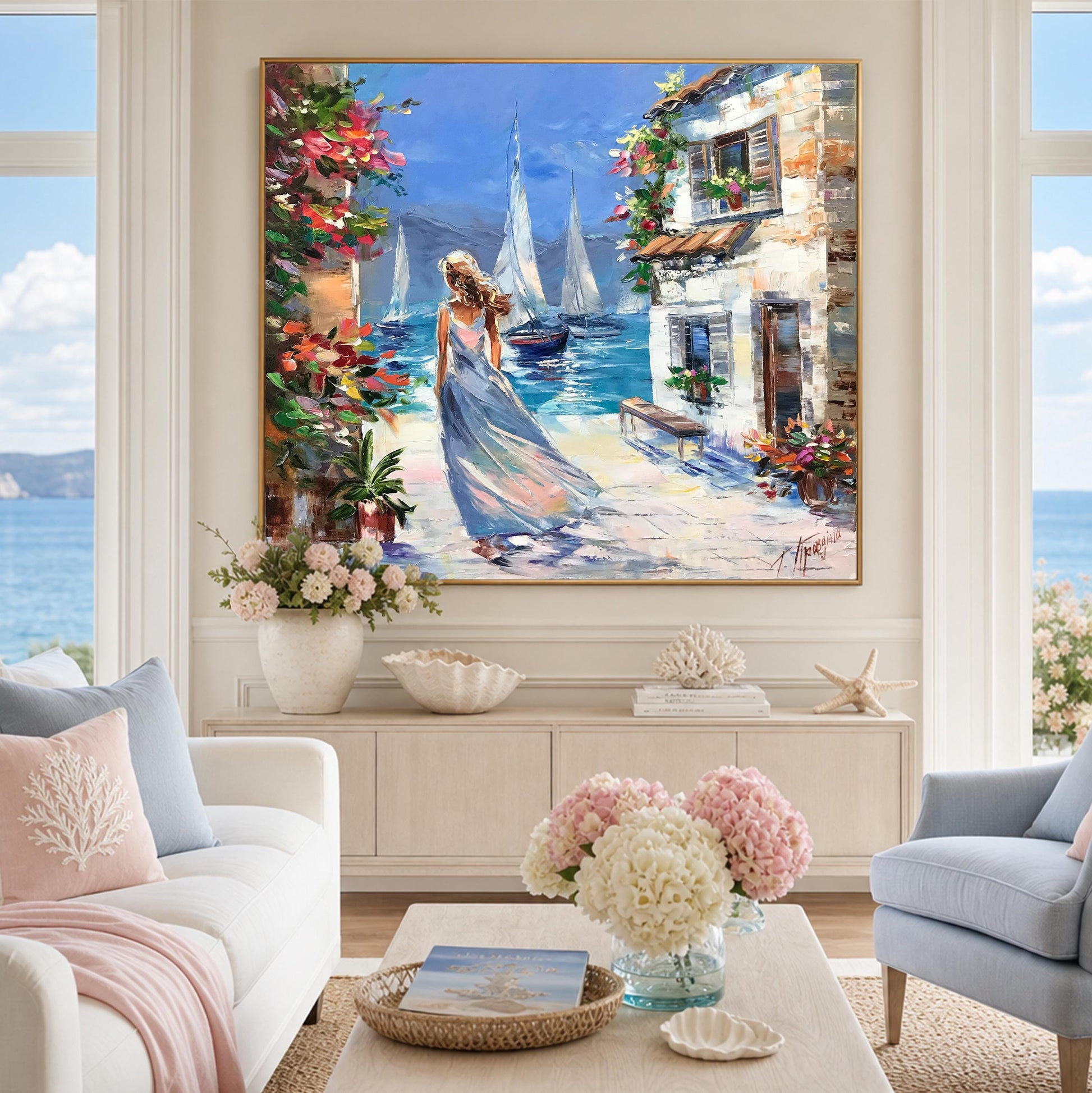 Woman in blue dress walking painting, Mediterranean village scene
