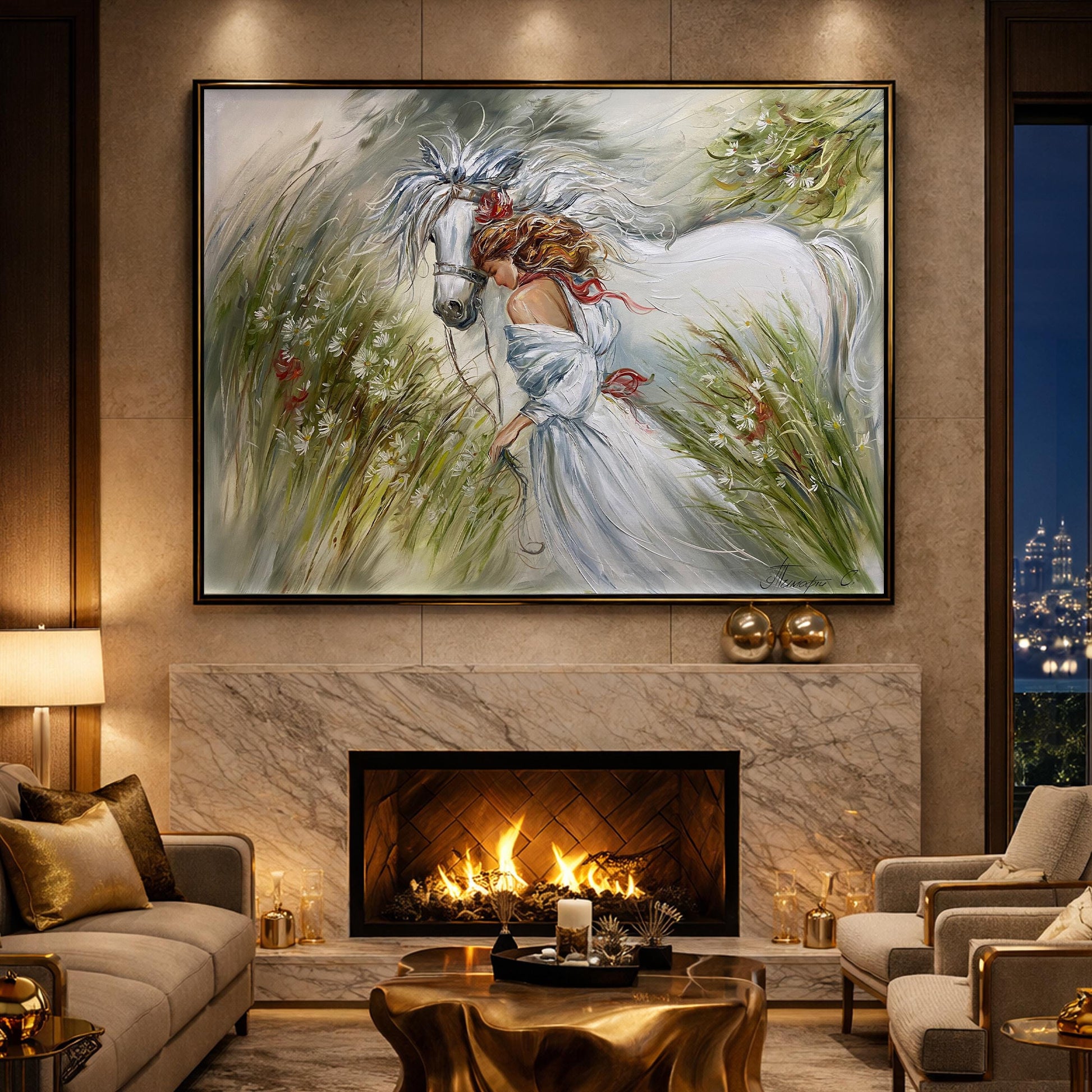 Woman in white dress with white horse oil painting displayed as wall art in living room