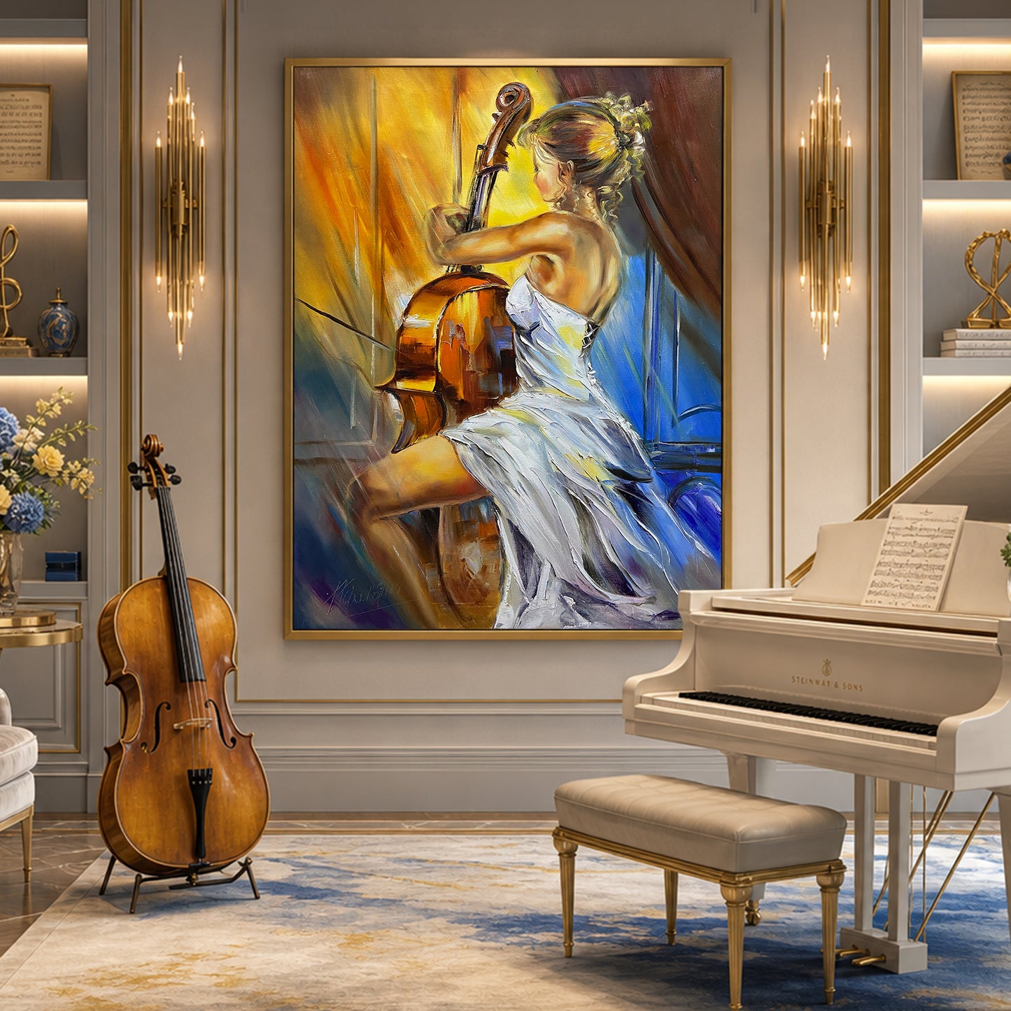 Woman playing cello painting displayed in elegant music room