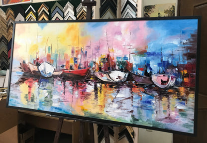 Abstract Sailing Boats Paintings on Canvas Colorful Boat Wall Art Extra Large Abstract Paintings of Sailboats at Sunset Artwork