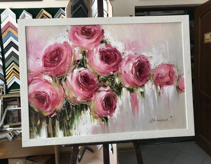 Large Abstract Roses Oil Painting Pink Flowers Canvas Wall Art Luxury Rose Dinning Room Decor Abstract Floral Extra Large Painting 60x40
