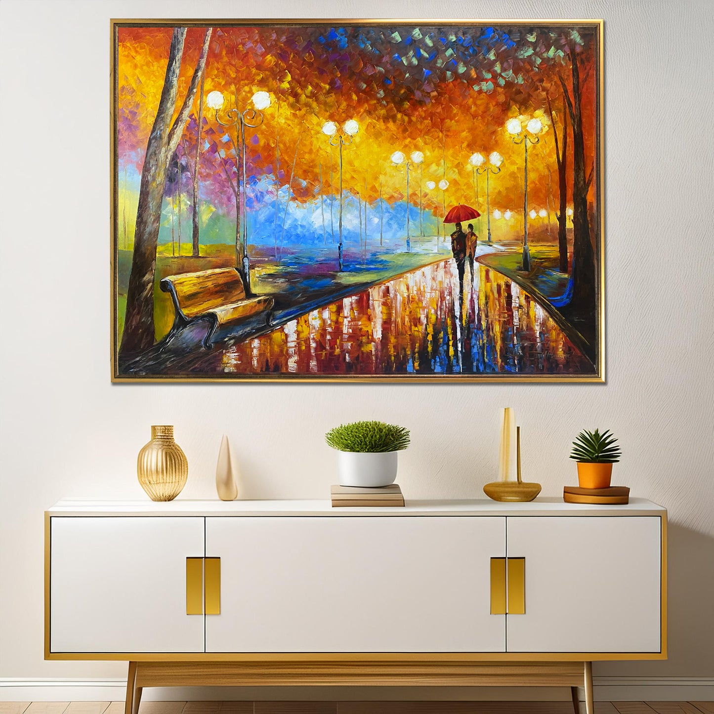 Couple Walking in the Rain Painting Original Golden Autumn Park Painting on Canvas Fall Wall Art Couple With Umbrella Oil Painting Colorful Artwork