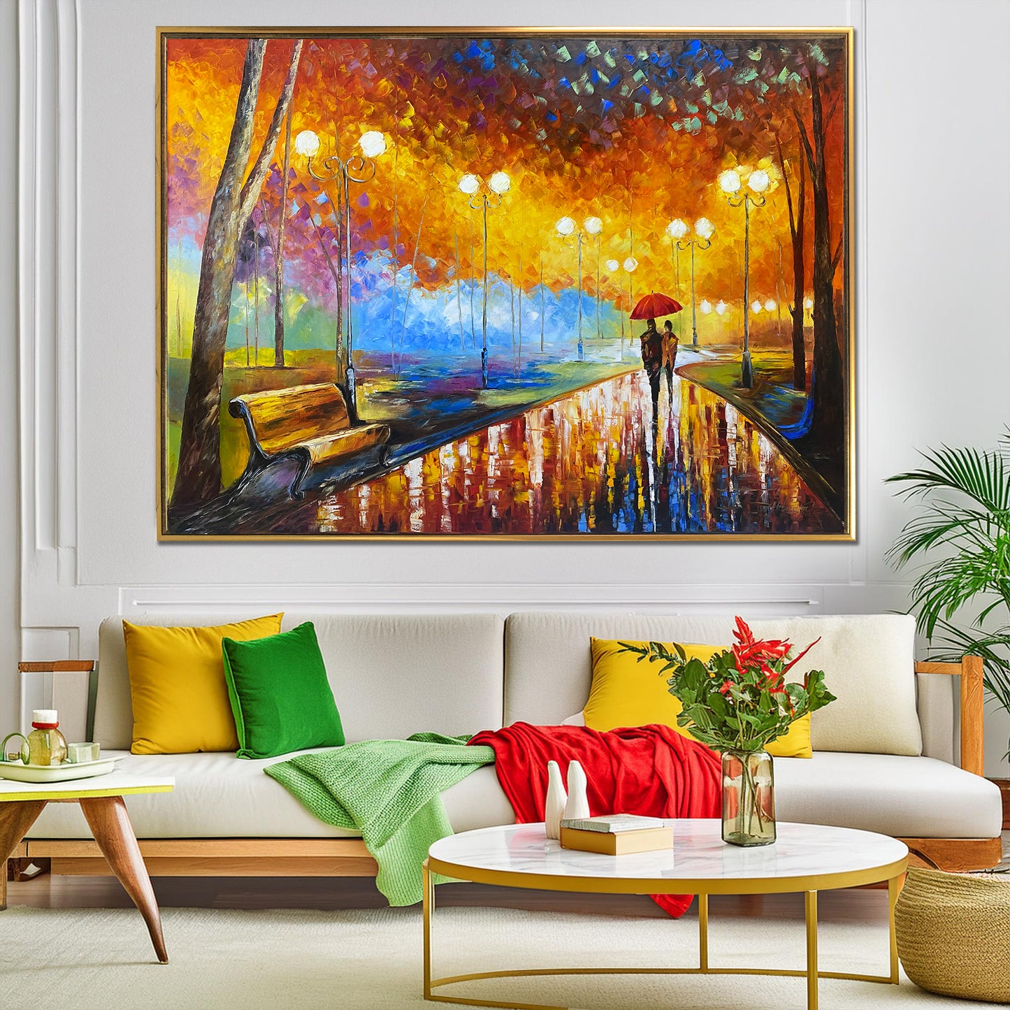 Couple Walking in the Rain Painting Original Golden Autumn Park Painting on Canvas Fall Wall Art Couple With Umbrella Oil Painting Colorful Artwork