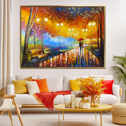 Couple Walking in the Rain Painting Original Golden Autumn Park Painting on Canvas Fall Wall Art Couple With Umbrella Oil Painting Colorful Artwork