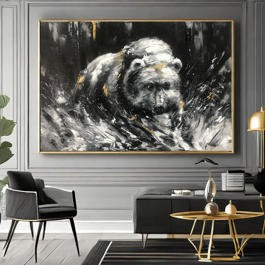 Abstract Bear Painting on Canvas Black and White Bear Art Large Abstract Animal Paintings Bear Artwork