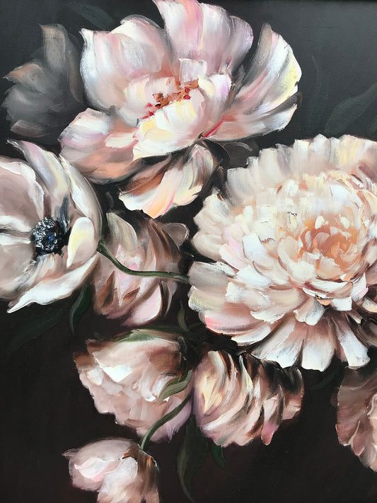 White Flowers On Black Background Painting on Canvas, Large White Peony Wall Art, Dark Floral Oil Painting