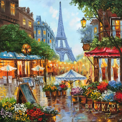 Cafe Paris at Night Oil Painting Original Eiffel Tower Wall Decor Evening in Paris Painting on Canvas