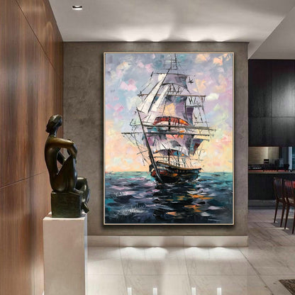 Abstract Sailboat Paintings on Canvas Large Sailboat Wall Art Sailing Ship in Ocean Oil Painting Original Big Sail Boat Painting