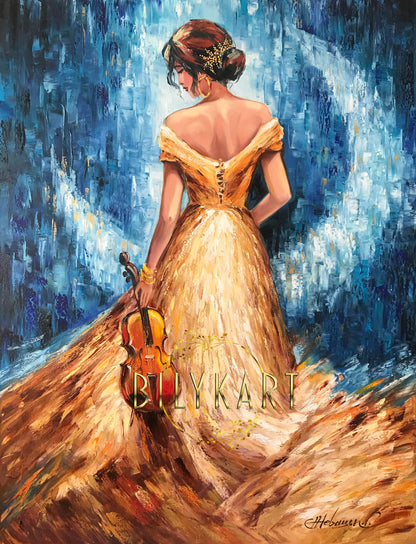 Violin Girl Oil Painting Original Violin Wall Art Painting of Woman From Behind Violin Gifts Modern Blue Gold Violinist Painting 30x40"