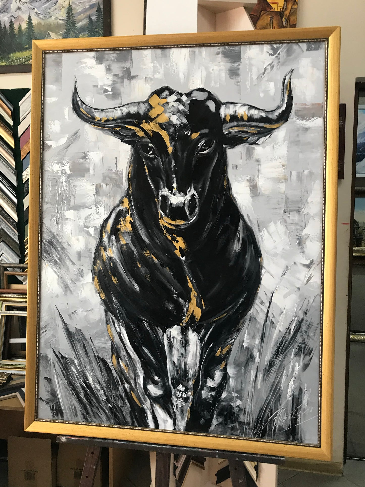 Charging Bull Painting Art Stock Exchange Black and White Oversized Black Wallstreet Bull Artwork
