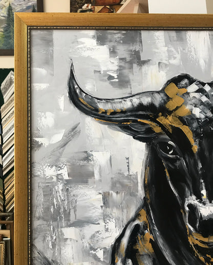 Charging Bull Painting Art Stock Exchange Black and White Oversized Black Wallstreet Bull Artwork