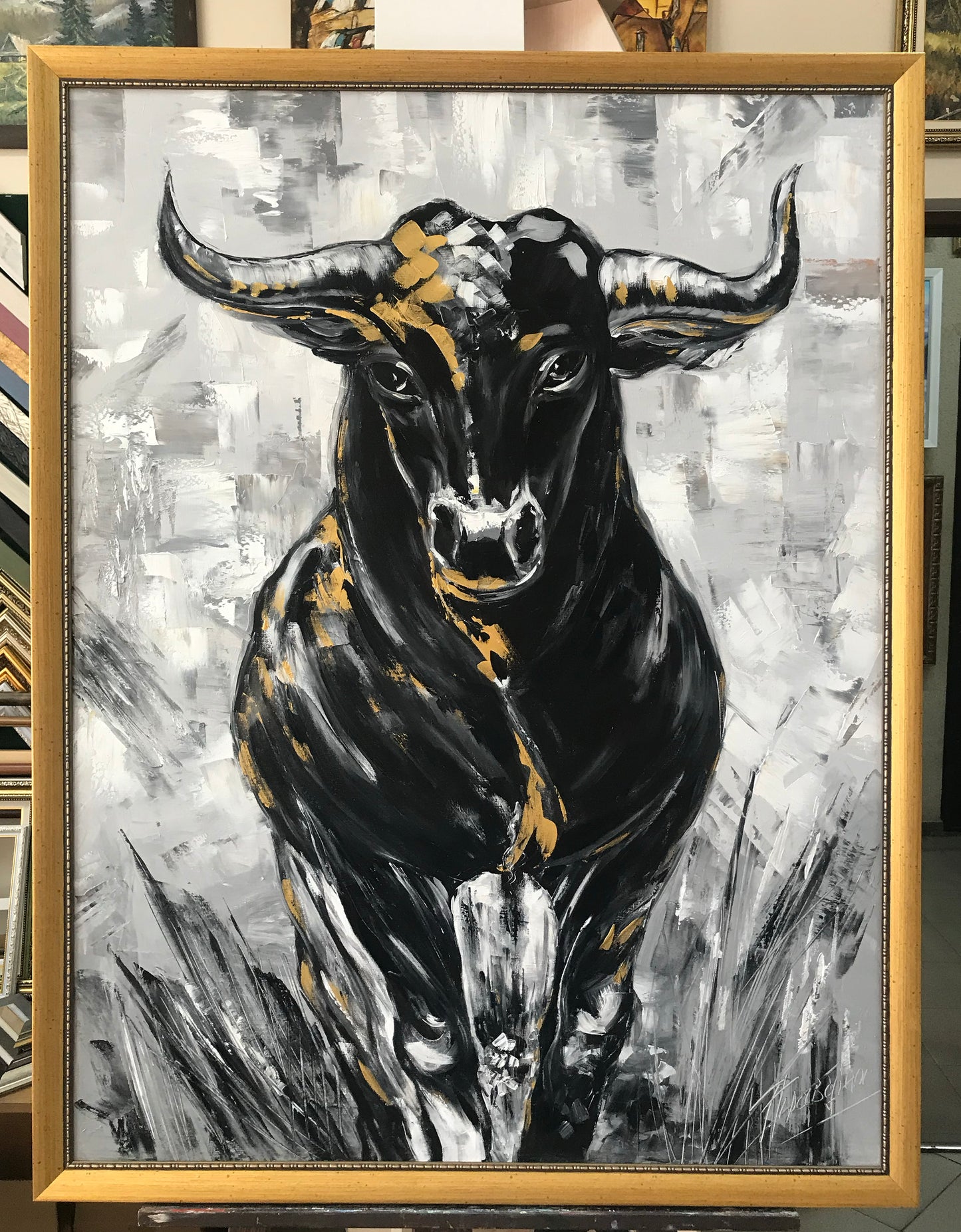 Charging Bull Painting Art Stock Exchange Black and White Oversized Black Wallstreet Bull Artwork