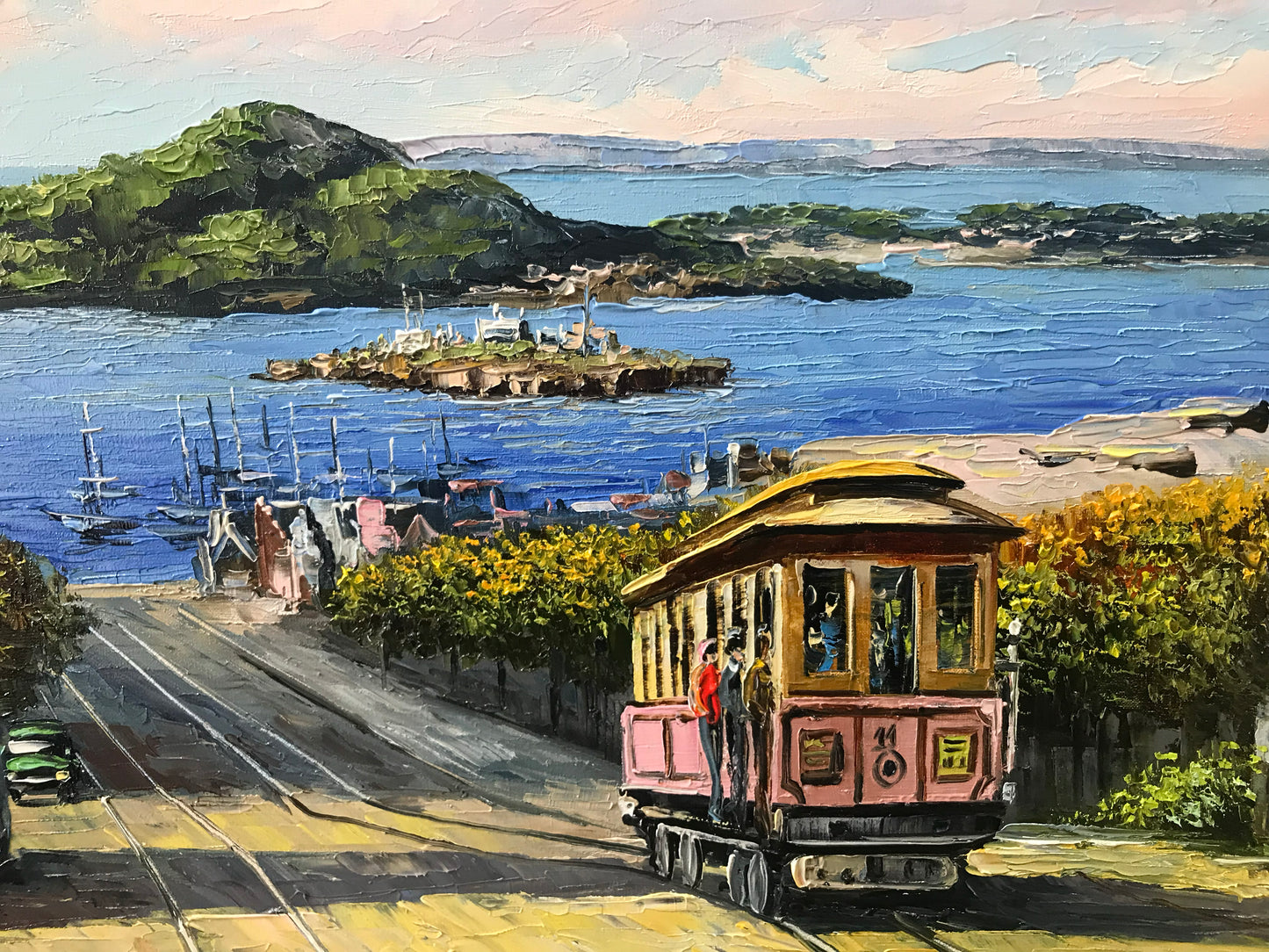 San Francisco Cable Car Painting, Alcatraz Island Canvas Art, California Landscape Oil Painting