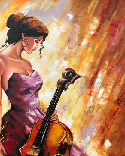 Woman with Cello Oil Painting Original, Abstract Woman Wall Art, Cello Painting on Canvas, Music Wall Decor, Luxury Painting, Large Modern Art