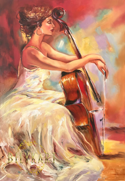 Cellist Oil Painting Original Girl Playing Cello Art Woman in White Dress Painting Cello Gifts Musician Artwork Classical Music Art