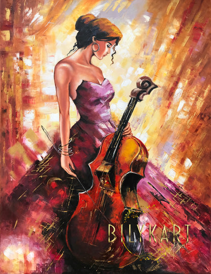 Woman with Cello Oil Painting Original, Abstract Woman Wall Art, Cello Painting on Canvas, Music Wall Decor, Luxury Painting, Large Modern Art