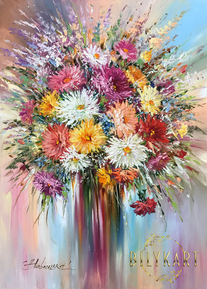 Colorful Flower Canvas Painting, Big Daisy Oil Painting, Modern Flower Wall Art for Living Room