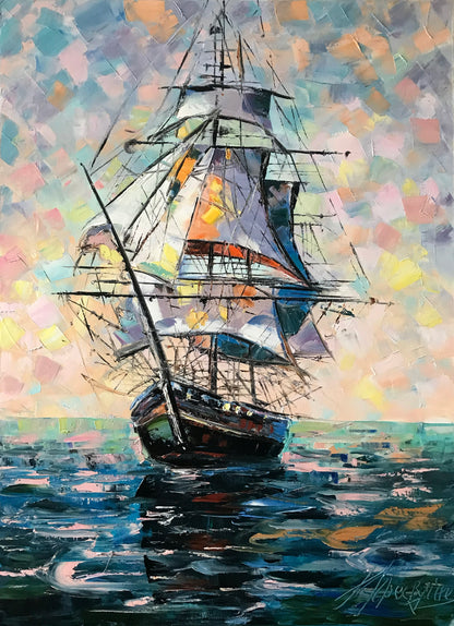 Sailing Ship at Sea Oil Painting, Large Nautical Canvas Wall Art, Abstract Sailboat Paintings, Ocean Themed Living Room Decor