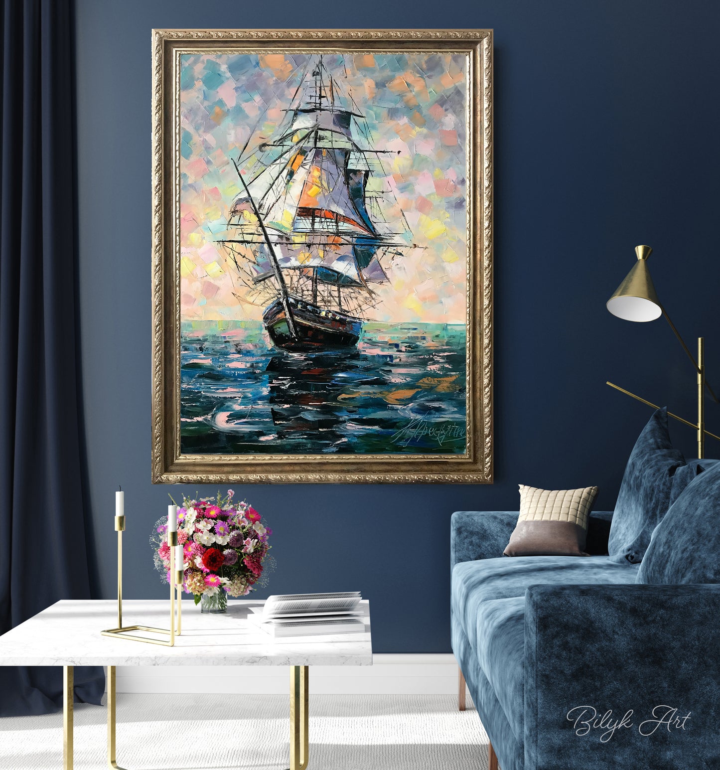 Sailing Ship at Sea Oil Painting, Large Nautical Canvas Wall Art, Abstract Sailboat Paintings, Ocean Themed Living Room Decor