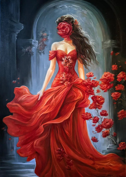 Queen of the Roses Painting Original Lady in Red Dress Oil Painting Faceless Girl Art Red Roses Painting on Canvas