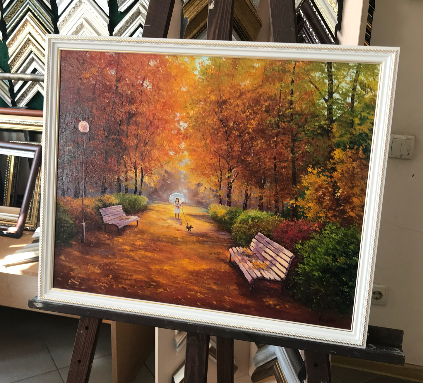 Autumn Landscape Painting Original Walk in Fall Park Oil Painting Fall Foliage Wall Art Framed Girl with Dog Painting Autumn Decor