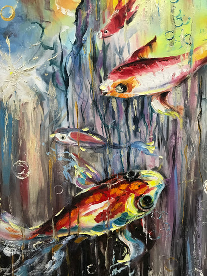 Abstract Koi Fish Painting on Canvas Tropical Fish Wall Art Large Koi Fish Oil Painting Original Colorful Fish Art