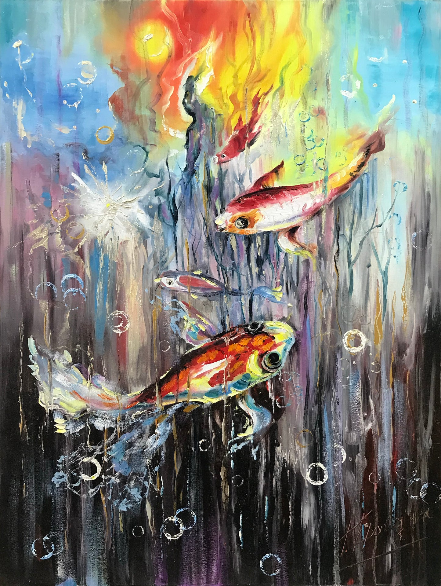 Abstract Koi Fish Painting on Canvas Tropical Fish Wall Art Large Koi Fish Oil Painting Original Colorful Fish Art