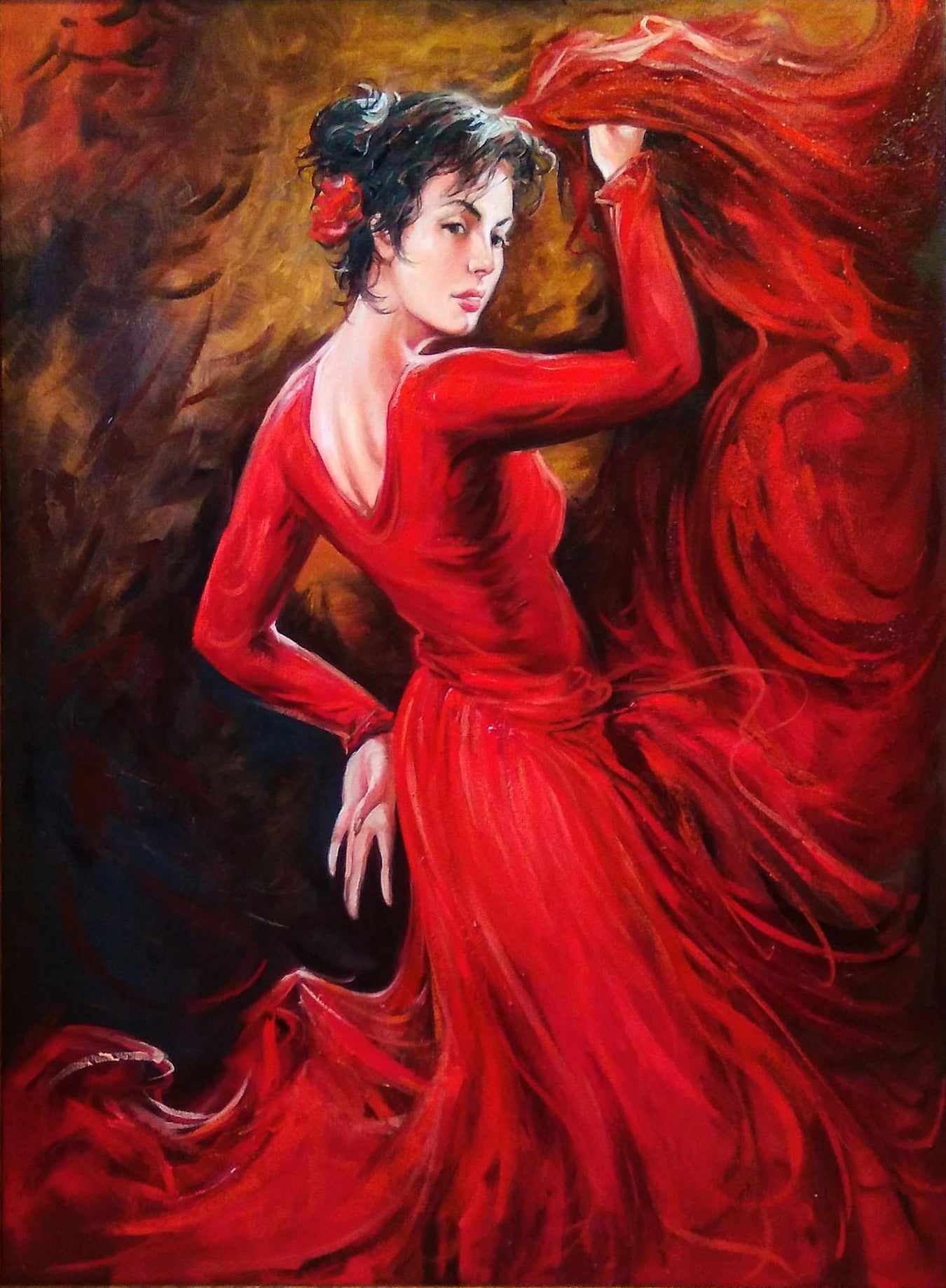 Flamenco Woman Dancer Painting Original Flamenco Wall Art Dancing Girl Painting Original Lady in Red Dress Painting