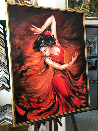 Dancing Girl Painting on Canvas Abstract Woman in Red Dress Painting Sensual Dancer Wall Art Flamenco Dancer Oil Painting Dance Artwork