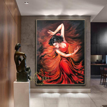 Dancing Girl Painting on Canvas Abstract Woman in Red Dress Painting Sensual Dancer Wall Art Flamenco Dancer Oil Painting Dance Artwork