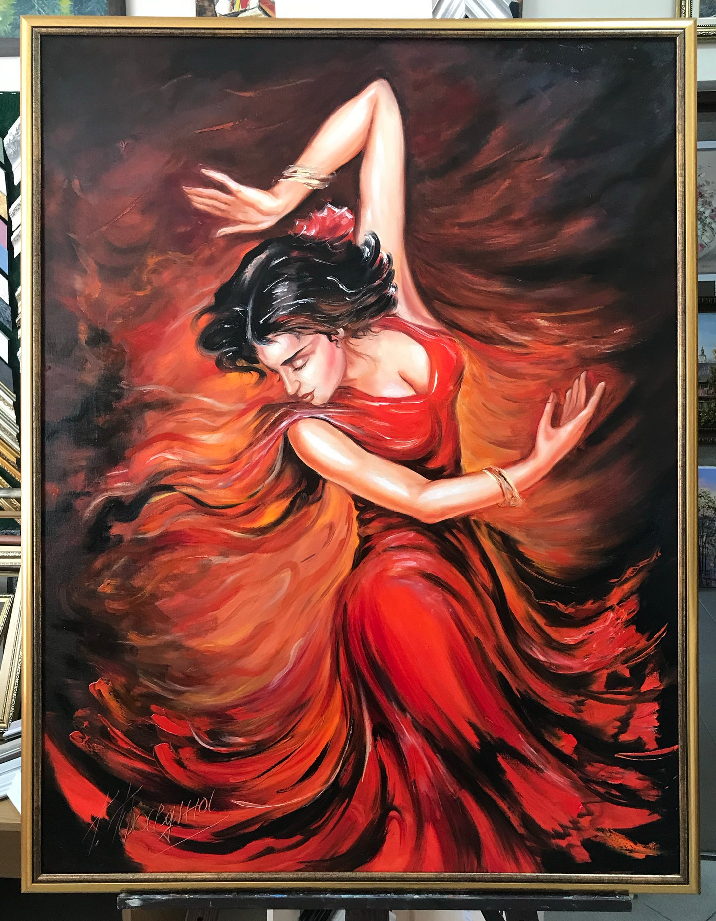 Dancing Girl Painting on Canvas Abstract Woman in Red Dress Painting Sensual Dancer Wall Art Flamenco Dancer Oil Painting Dance Artwork