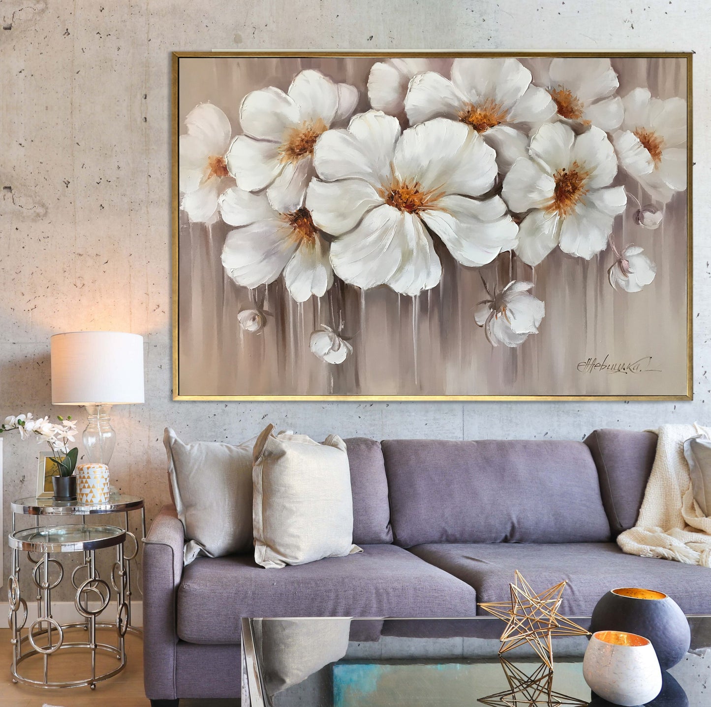 Abstract Flower Oil Painting Large White Flowers Wall Art Modern Floral Artwork Over Bed Art Decor Luxury Flower Painting Above Couch Wall Art