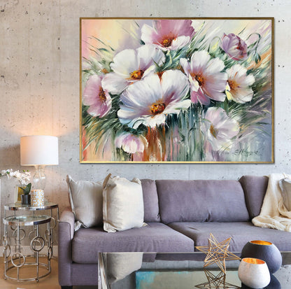 Large Abstract Floral Paintings on Canvas Purple Floral Wall Art White Flower Oil Painting Original Floral Artwork