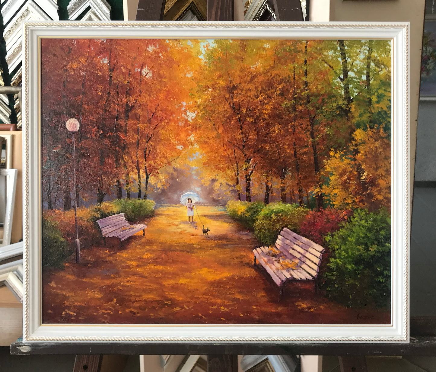Autumn Landscape Painting Original Walk in Fall Park Oil Painting Fall Foliage Wall Art Framed Girl with Dog Painting Autumn Decor