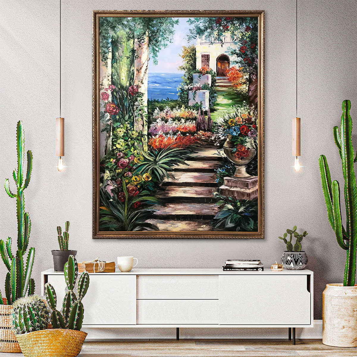 Italian Garden Painting on Canvas Italy Landscape Oil Painting Framed Italian Wall Art Floral garden Painting