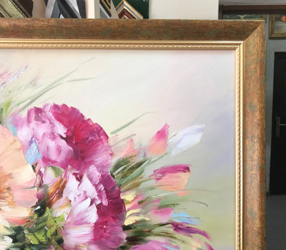 Peonies Flowers Painting on Canvas Peony Wall Art for Sale Flowers in Vase Oil Painting Original Peony Painting Framed Art