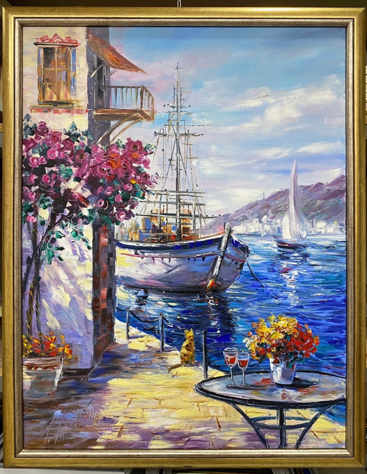 Mediterranean Cafe Oil Painting on Canvas, Extra Large Seascape Canvas Wall Art, Greece Artwork