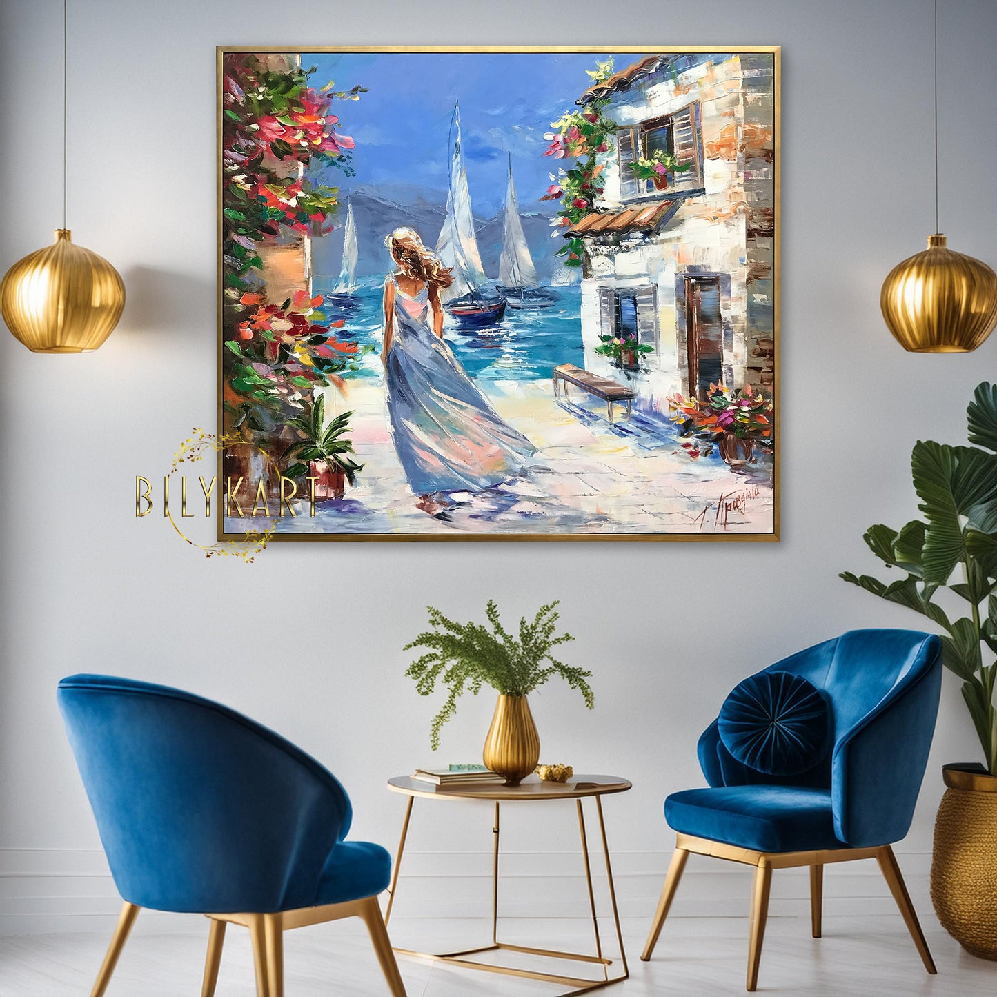 Girl at Sea Painting on Canvas Santorini Greece Wall Art Woman at Beach Painting Original Vacation Artwork